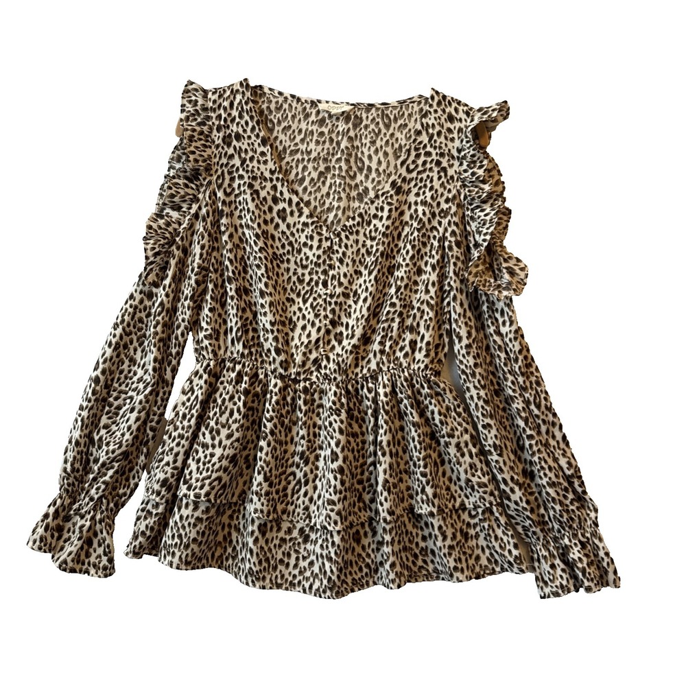 Oddy Leopard Cold Shoulder Tiered Ruffle Long Sleeve Top M Indie Sleaze Boho